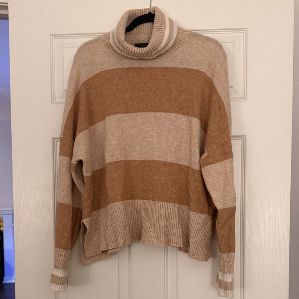 J. Crew Tan and Cream Striped Turtleneck Sweater